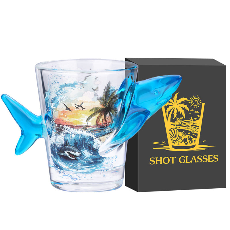 Novelty Shark-Shaped Shot Glasses with Tropical Beach Printed - 1.71oz Creative Whiskey Tequila Shot Glasses for Bar, Party,Ocean Series Cup Gift