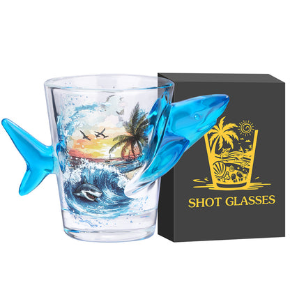Novelty Shark-Shaped Shot Glasses with Tropical Beach Printed - 1.71oz Creative Whiskey Tequila Shot Glasses for Bar, Party,Ocean Series Cup Gift