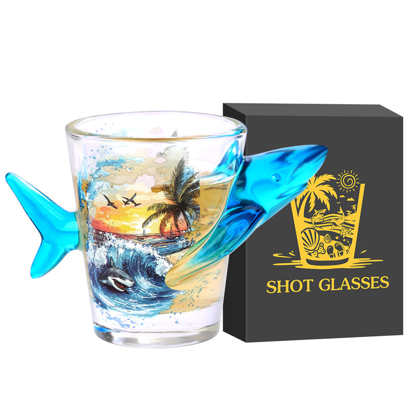 Novelty Shark-Shaped Shot Glasses with Tropical Beach Printed - 1.71oz Creative Whiskey Tequila Shot Glasses for Bar, Party,Ocean Series Cup Gift