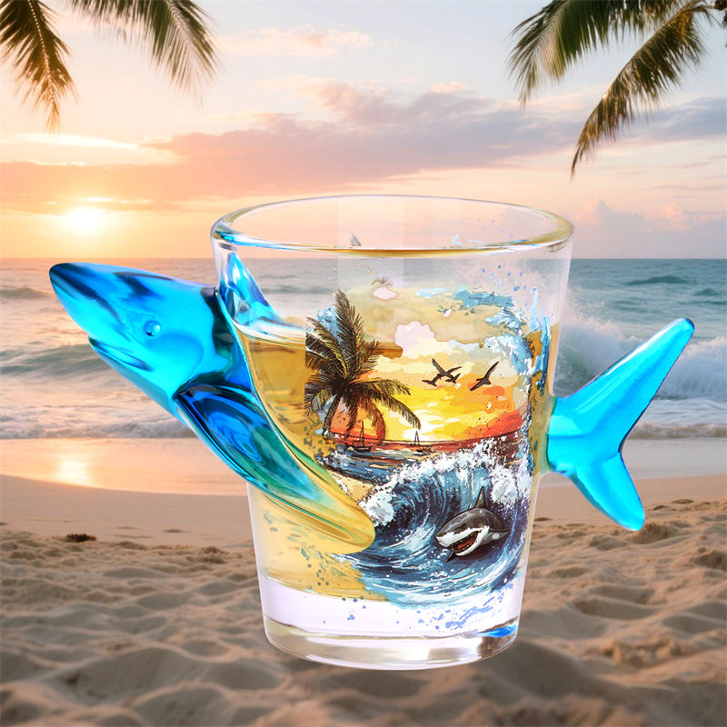 Novelty Shark-Shaped Shot Glasses with Tropical Beach Printed - 1.71oz Creative Whiskey Tequila Shot Glasses for Bar, Party,Ocean Series Cup Gift