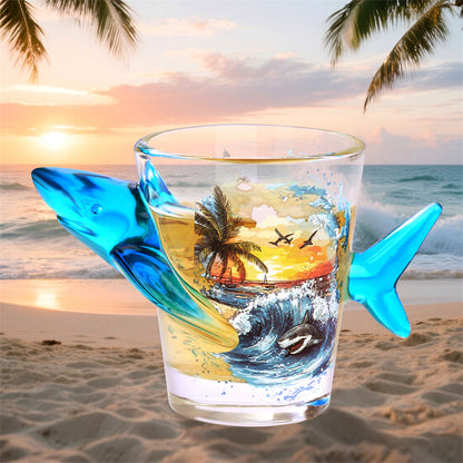 Novelty Shark-Shaped Shot Glasses with Tropical Beach Printed - 1.71oz Creative Whiskey Tequila Shot Glasses for Bar, Party,Ocean Series Cup Gift