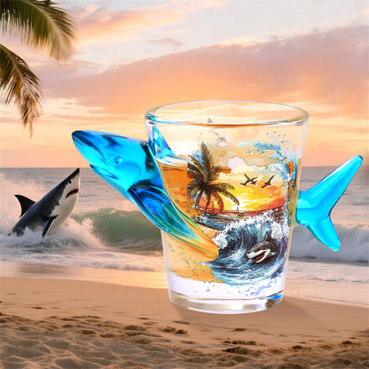 Novelty Shark-Shaped Shot Glasses with Tropical Beach Printed - 1.71oz Creative Whiskey Tequila Shot Glasses for Bar, Party,Ocean Series Cup Gift