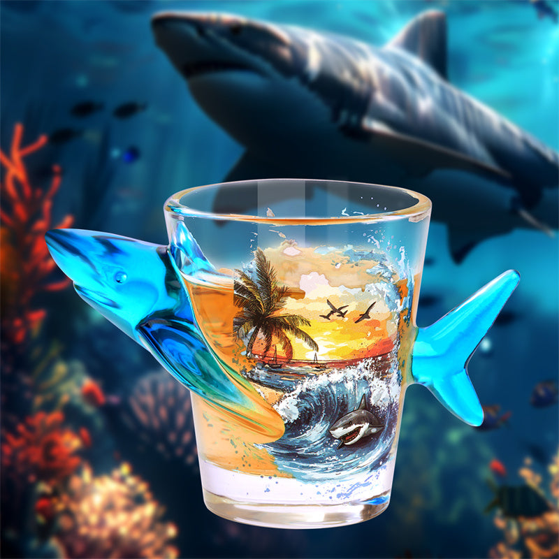 Novelty Shark-Shaped Shot Glasses with Tropical Beach Printed - 1.71oz Creative Whiskey Tequila Shot Glasses for Bar, Party,Ocean Series Cup Gift
