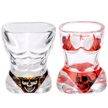 Novel Muscle Man & Bikini Glass Shot Glasses, 30ml Skull Shot Glasses, Set of 2 for Alcohol Shots, Vodka, Tequila