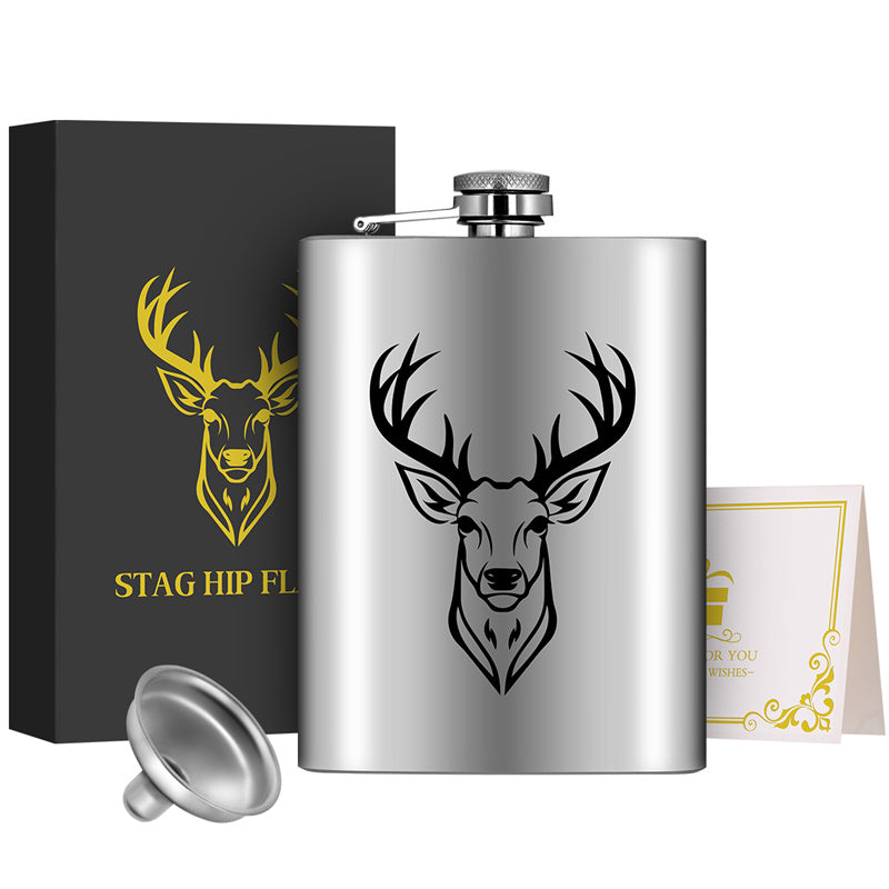 8Oz Stainless Steel Hip Flask,Pocket Flask with Funnel,Deer Head Pattern Wine Pot for Alcohol Liquior,Tequila, Whiskey, Perfect for Camping, Hiking and Outdoor Activities,Ideal Father's Day and Christmas Gift