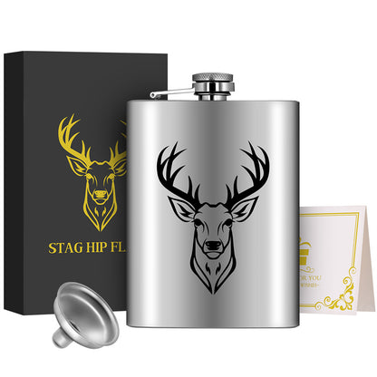 8Oz Stainless Steel Hip Flask,Pocket Flask with Funnel,Deer Head Pattern Wine Pot for Alcohol Liquior,Tequila, Whiskey, Perfect for Camping, Hiking and Outdoor Activities,Ideal Father's Day and Christmas Gift