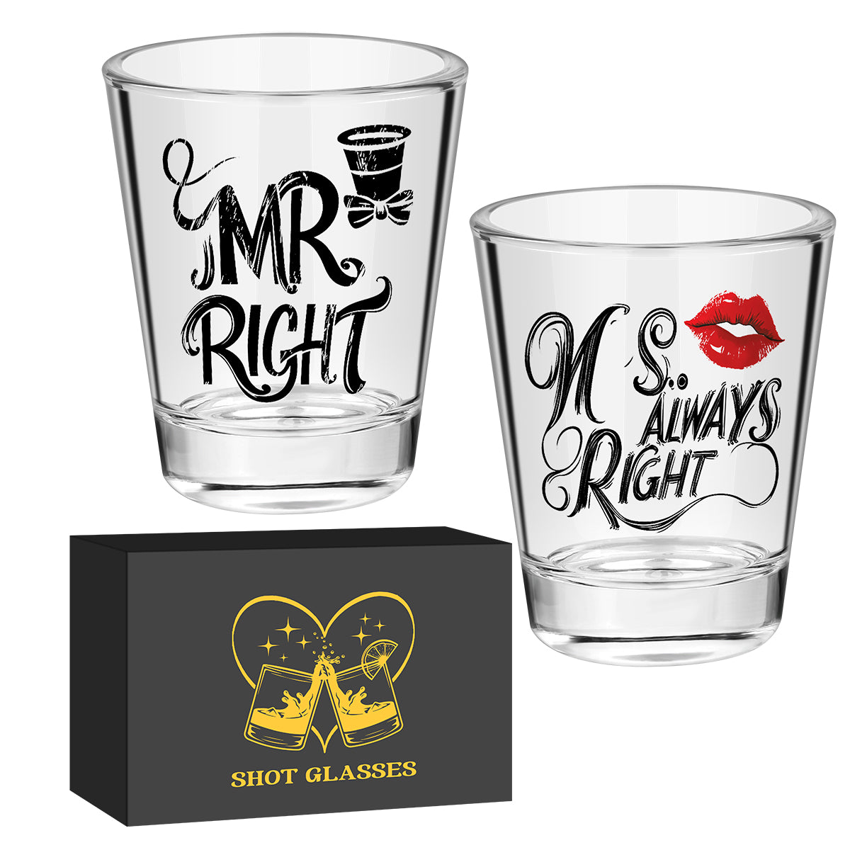 1 Pair of Creative Couple Shot Glasses, 60ml/2oz Capacity Clear Glass Shots with MR RIGHT, MS ALWAYS RIGHT Red Lips Black Bow Tie Pattern, Suitable for Kitchen Restaurant Bar Party Wedding Anniversary Gift