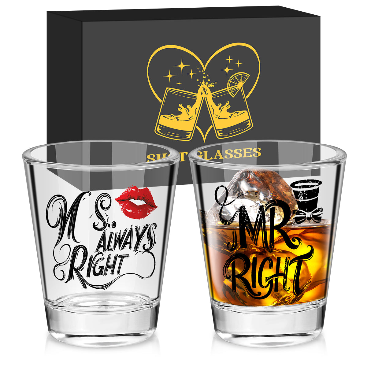 1 Pair of Creative Couple Shot Glasses, 60ml/2oz Capacity Clear Glass Shots with MR RIGHT, MS ALWAYS RIGHT Red Lips Black Bow Tie Pattern, Suitable for Kitchen Restaurant Bar Party Wedding Anniversary Gift