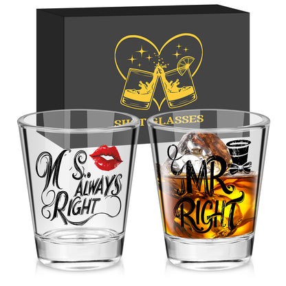 1 Pair of Creative Couple Shot Glasses, 60ml/2oz Capacity Clear Glass Shots with MR RIGHT, MS ALWAYS RIGHT Red Lips Black Bow Tie Pattern, Suitable for Kitchen Restaurant Bar Party Wedding Anniversary Gift