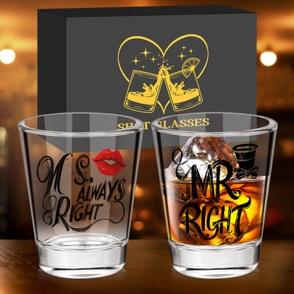 1 Pair of Creative Couple Shot Glasses, 60ml/2oz Capacity Clear Glass Shots with MR RIGHT, MS ALWAYS RIGHT Red Lips Black Bow Tie Pattern, Suitable for Kitchen Restaurant Bar Party Wedding Anniversary Gift