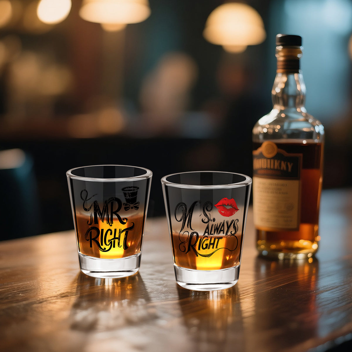 1 Pair of Creative Couple Shot Glasses, 60ml/2oz Capacity Clear Glass Shots with MR RIGHT, MS ALWAYS RIGHT Red Lips Black Bow Tie Pattern, Suitable for Kitchen Restaurant Bar Party Wedding Anniversary Gift