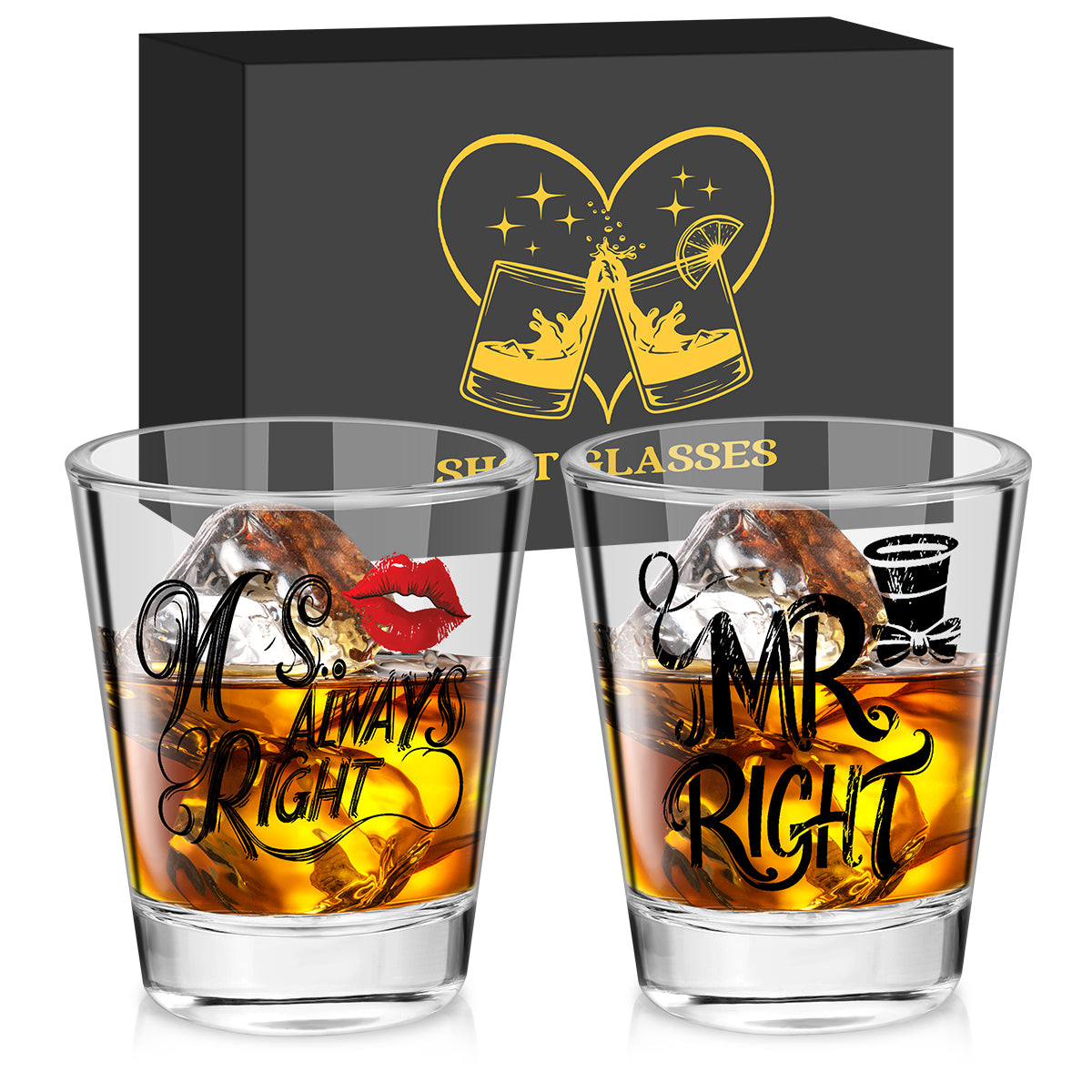 1 Pair of Creative Couple Shot Glasses, 60ml/2oz Capacity Clear Glass Shots with MR RIGHT, MS ALWAYS RIGHT Red Lips Black Bow Tie Pattern, Suitable for Kitchen Restaurant Bar Party Wedding Anniversary Gift