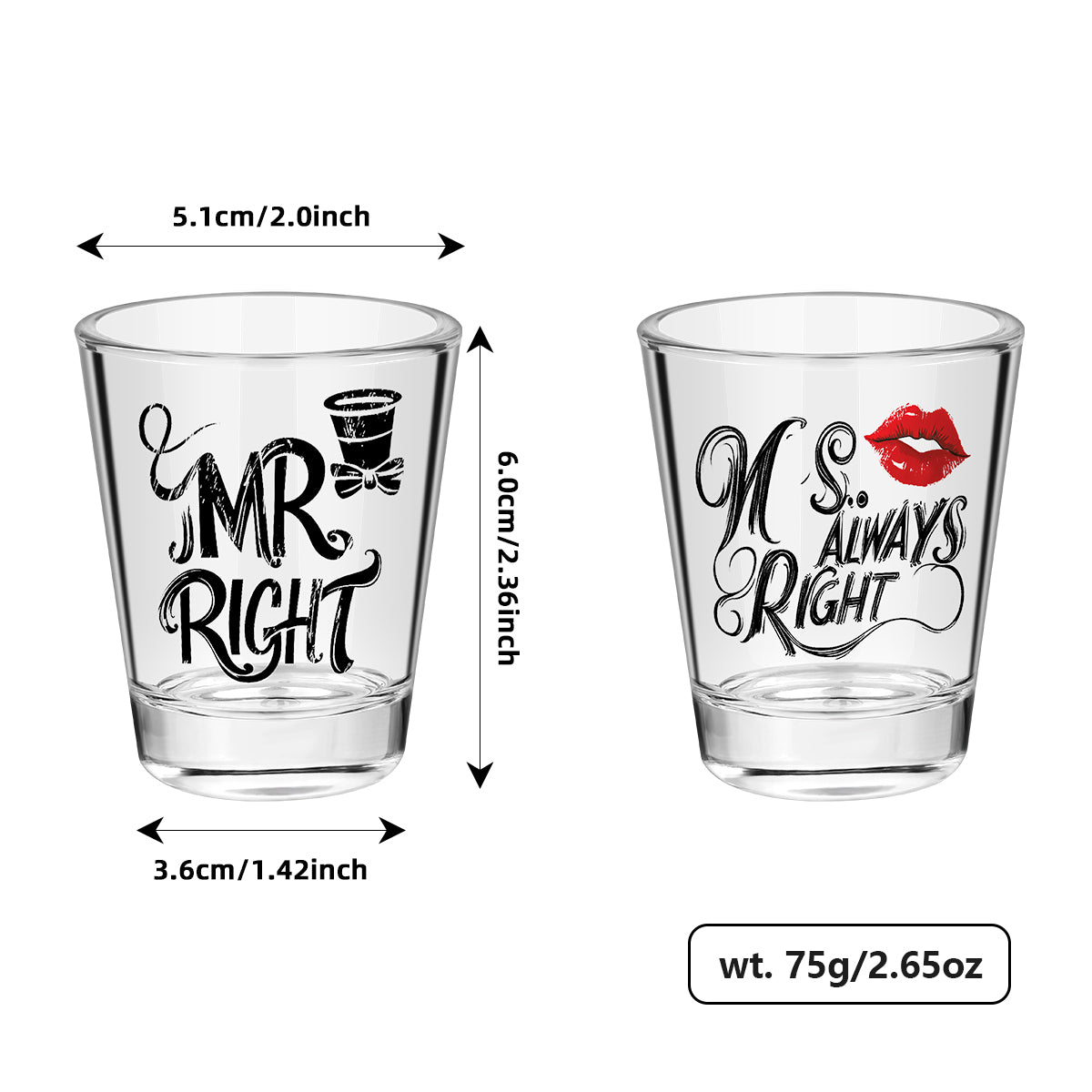 1 Pair of Creative Couple Shot Glasses, 60ml/2oz Capacity Clear Glass Shots with MR RIGHT, MS ALWAYS RIGHT Red Lips Black Bow Tie Pattern, Suitable for Kitchen Restaurant Bar Party Wedding Anniversary Gift