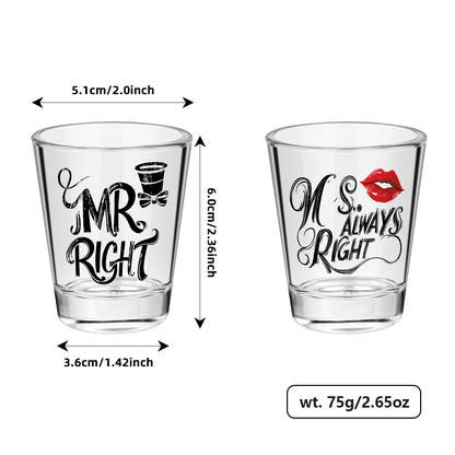 1 Pair of Creative Couple Shot Glasses, 60ml/2oz Capacity Clear Glass Shots with MR RIGHT, MS ALWAYS RIGHT Red Lips Black Bow Tie Pattern, Suitable for Kitchen Restaurant Bar Party Wedding Anniversary Gift