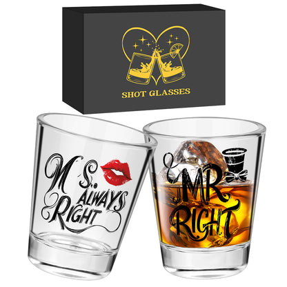1 Pair of Creative Couple Shot Glasses, 60ml/2oz Capacity Clear Glass Shots with MR RIGHT, MS ALWAYS RIGHT Red Lips Black Bow Tie Pattern, Suitable for Kitchen Restaurant Bar Party Wedding Anniversary Gift