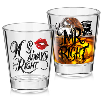 1 Pair of Creative Couple Shot Glasses, 60ml/2oz Capacity Clear Glass Shots with MR RIGHT, MS ALWAYS RIGHT Red Lips Black Bow Tie Pattern, Suitable for Kitchen Restaurant Bar Party Wedding Anniversary Gift