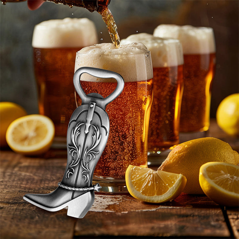 cowboy boot bottle opener, floral engraved western design beer cap remover for rodeo lovers