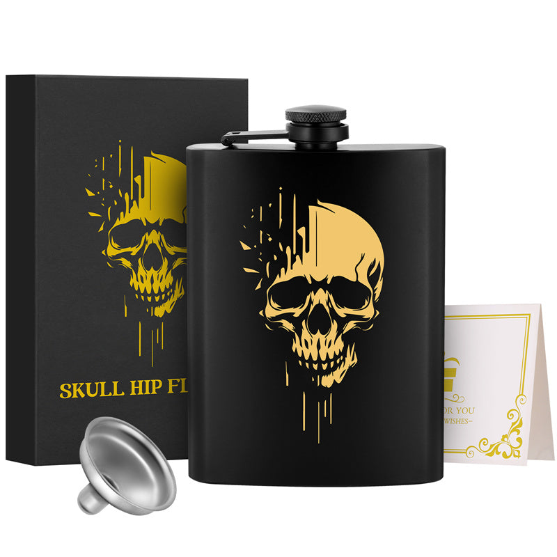 8oz Stainless Steel Hip Flask with Funnel,Skull Head Pattern Wine Pot,Portable Leak-Proof Alcohol Flask for White Liquor Tequila Whiskey, Men's Gift