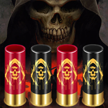 plastic skull shot glasses set with gift box, 4pcs red black bullet shaped drinking glasses with golden skull design