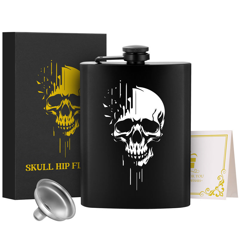 8oz Stainless Steel Hip Flask with Funnel,Skull Head Pattern Wine Pot,Portable Leak-Proof Alcohol Flask for White Liquor Tequila Whiskey, Men's Gift